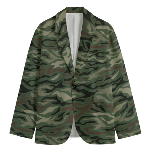 Green Camo Zebra Pattern Print Men's Cotton Blazer