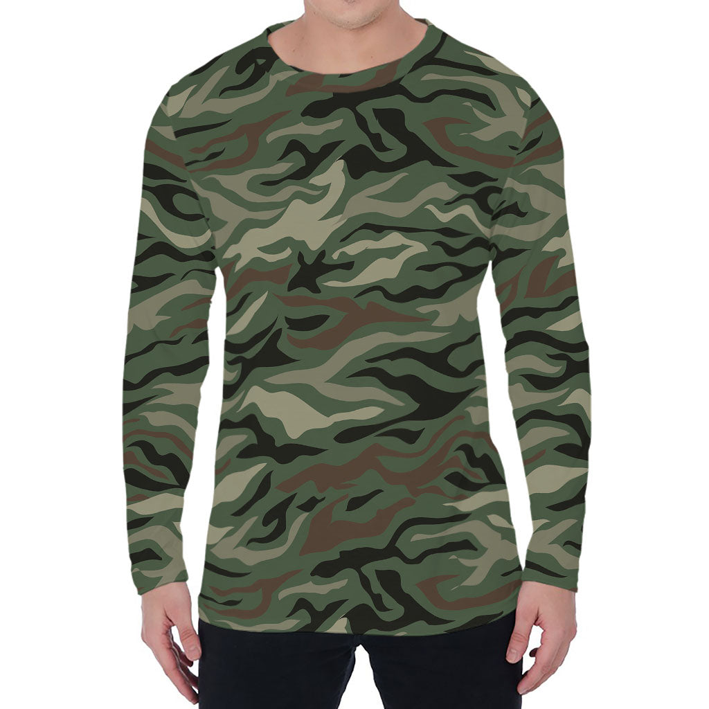 Green Camo Zebra Pattern Print Men's Long Sleeve T-Shirt
