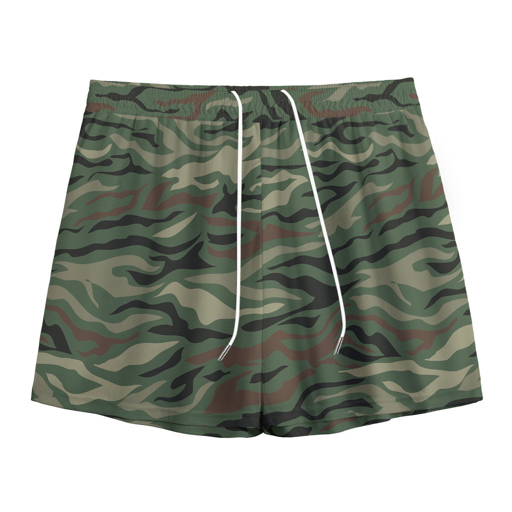 Green Camo Zebra Pattern Print Mesh Shorts