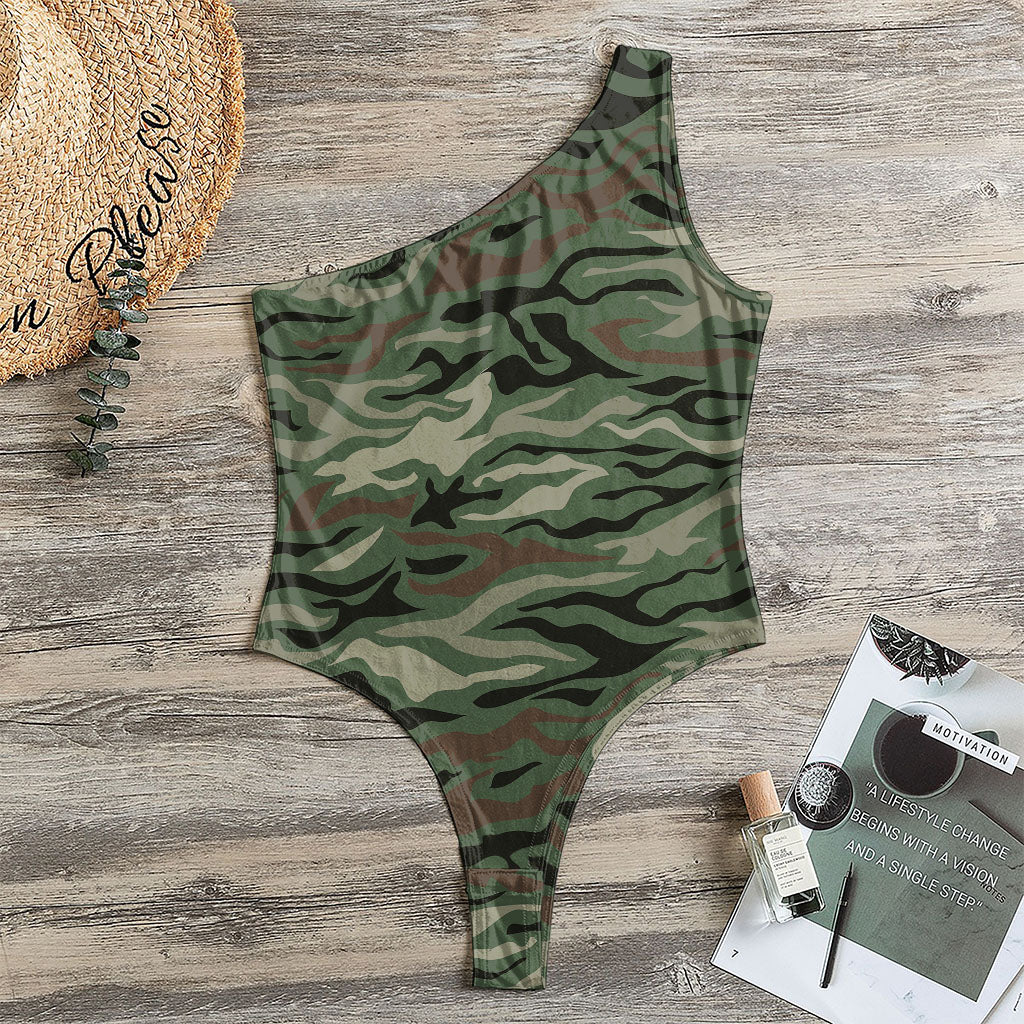 Green Camo Zebra Pattern Print One Shoulder Bodysuit