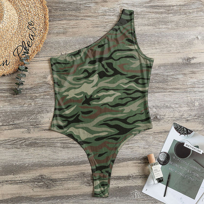 Green Camo Zebra Pattern Print One Shoulder Bodysuit