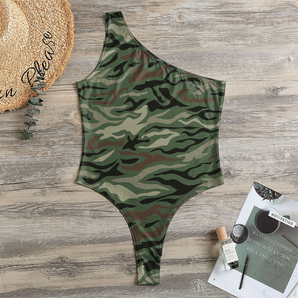 Green Camo Zebra Pattern Print One Shoulder Bodysuit