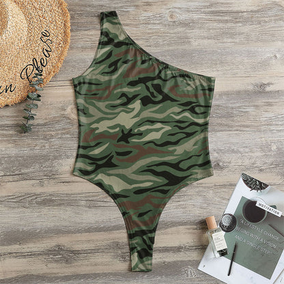 Green Camo Zebra Pattern Print One Shoulder Bodysuit