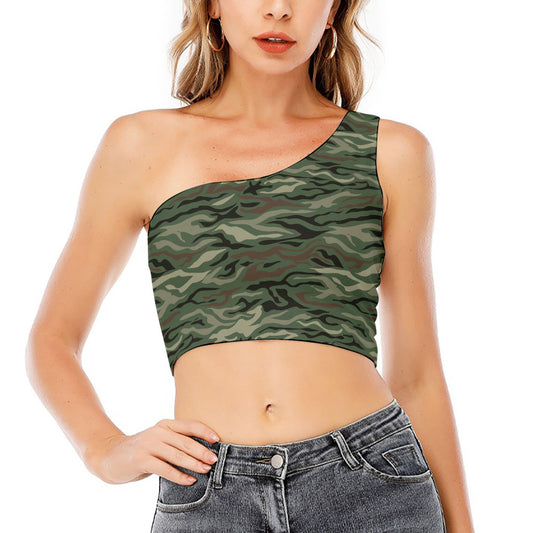 Green Camo Zebra Pattern Print One Shoulder Crop Top