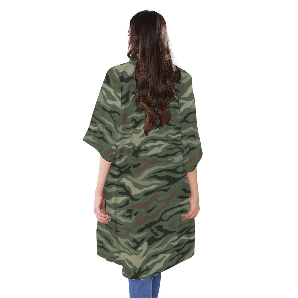 Green Camo Zebra Pattern Print Open Front Beach Cover Up