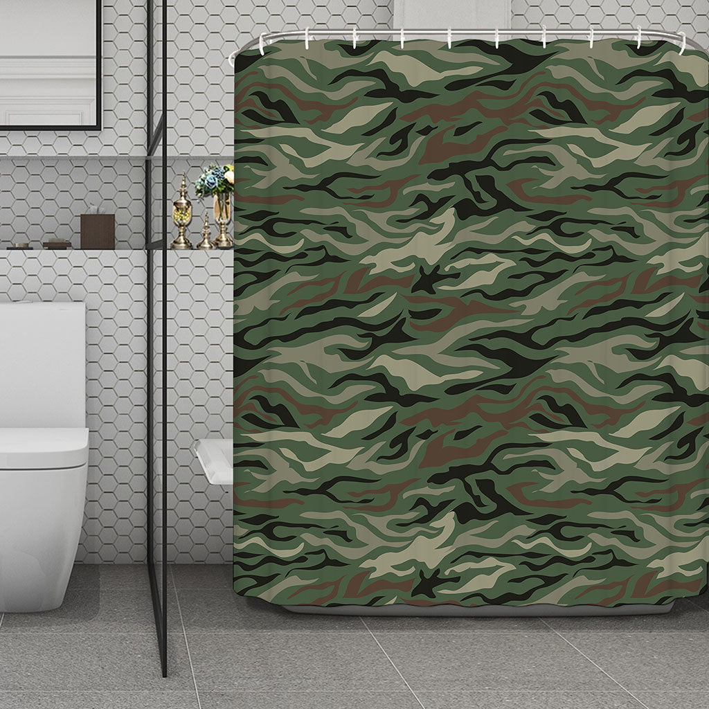Green Camo Zebra Pattern Print Polyester Shower Curtain