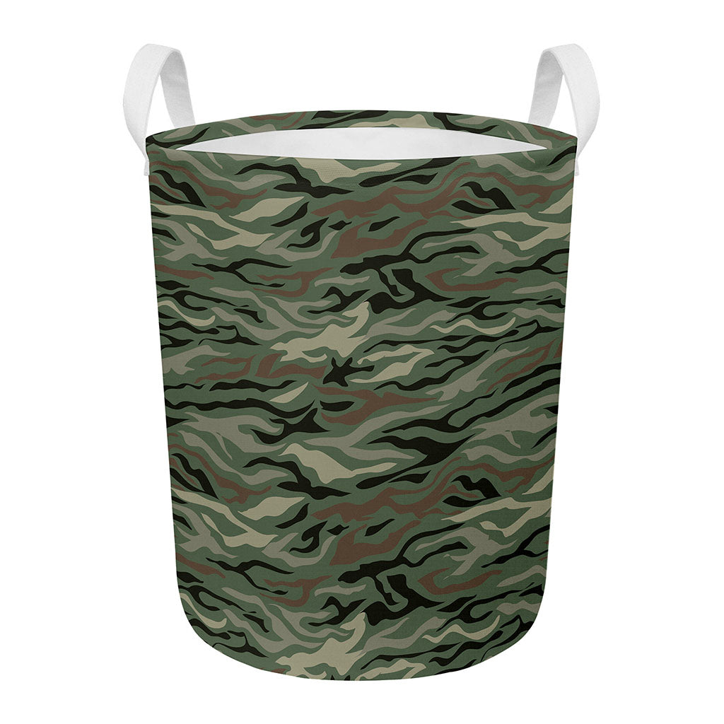 Green Camo Zebra Pattern Print Round Laundry Basket