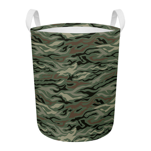 Green Camo Zebra Pattern Print Round Laundry Basket