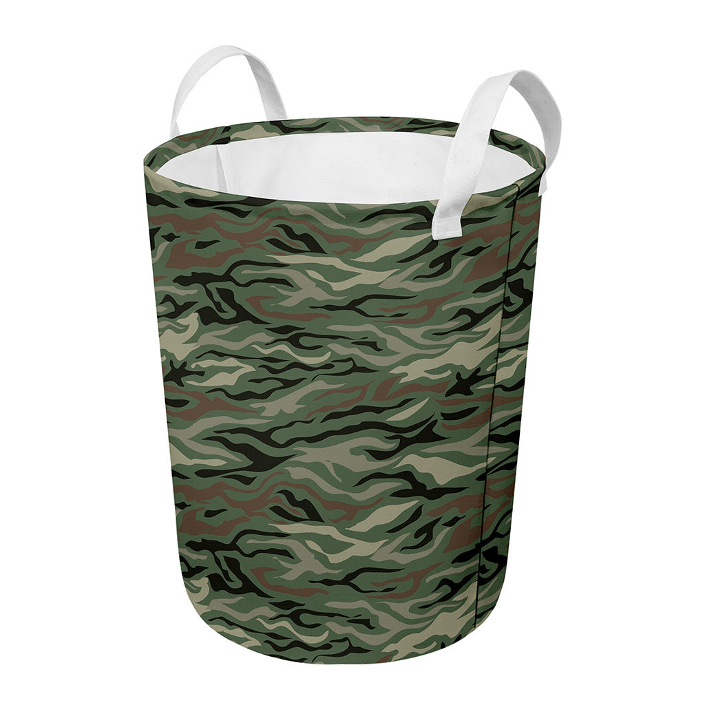 Green Camo Zebra Pattern Print Round Laundry Basket