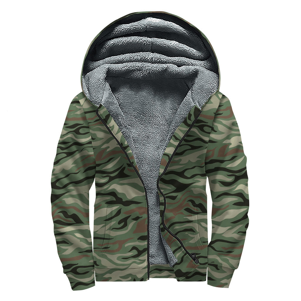 Green Camo Zebra Pattern Print Sherpa Lined Zip Up Hoodie