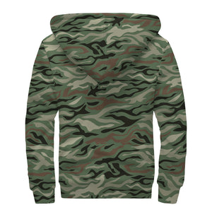 Green Camo Zebra Pattern Print Sherpa Lined Zip Up Hoodie