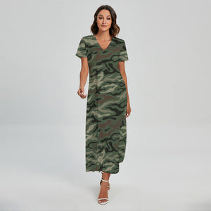 Green Camo Zebra Pattern Print Short Sleeve Maxi Dress