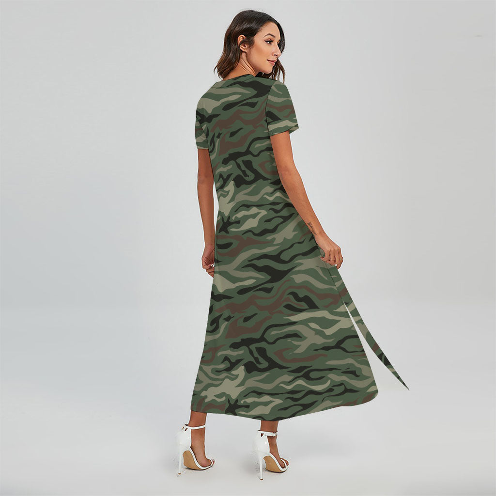 Green Camo Zebra Pattern Print Short Sleeve Maxi Dress