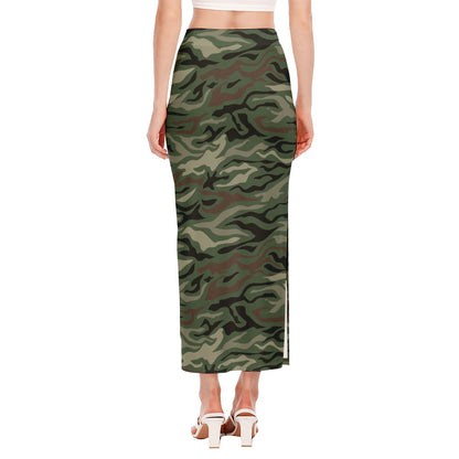 Green Camo Zebra Pattern Print Side Slit Maxi Skirt