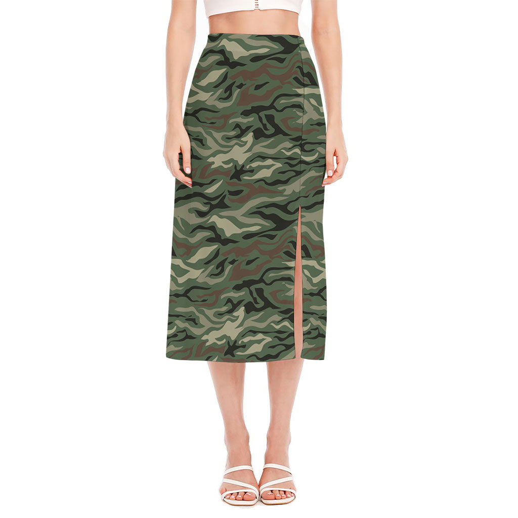 Green Camo Zebra Pattern Print Side Slit Midi Skirt