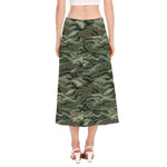 Green Camo Zebra Pattern Print Side Slit Midi Skirt