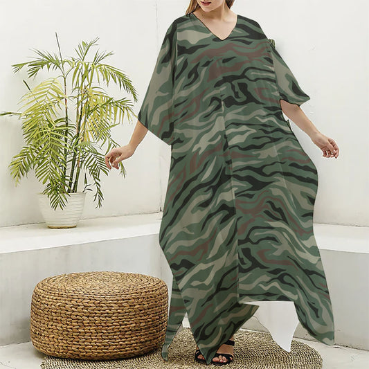 Green Camo Zebra Pattern Print Silk V-Neck Kaftan Dress