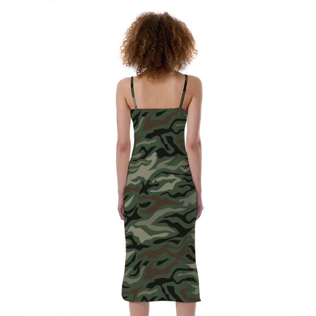 Green Camo Zebra Pattern Print Slim Fit Midi Cami Dress
