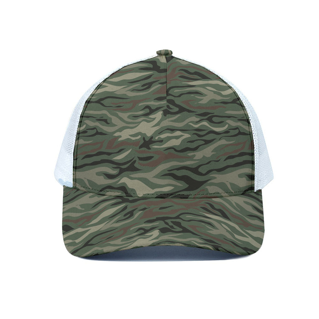 Green Camo Zebra Pattern Print White Mesh Trucker Cap
