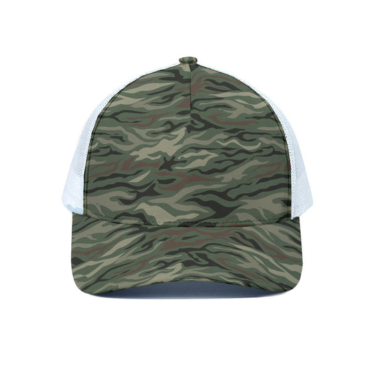 Green Camo Zebra Pattern Print White Mesh Trucker Cap