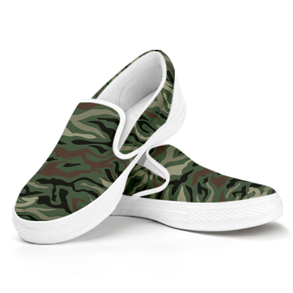 Green Camo Zebra Pattern Print White Slip On Sneakers