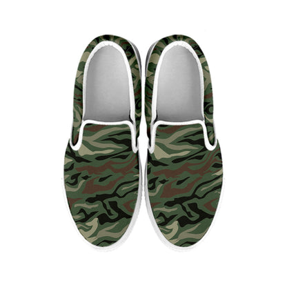 Green Camo Zebra Pattern Print White Slip On Sneakers