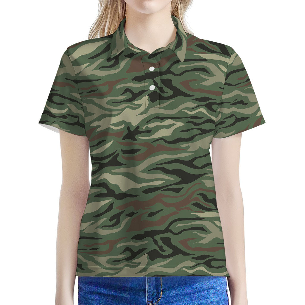 Green Camo Zebra Pattern Print Women's Polo Shirt