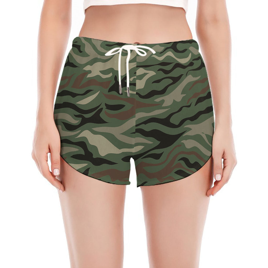 Green Camo Zebra Pattern Print Women's Split Running Shorts