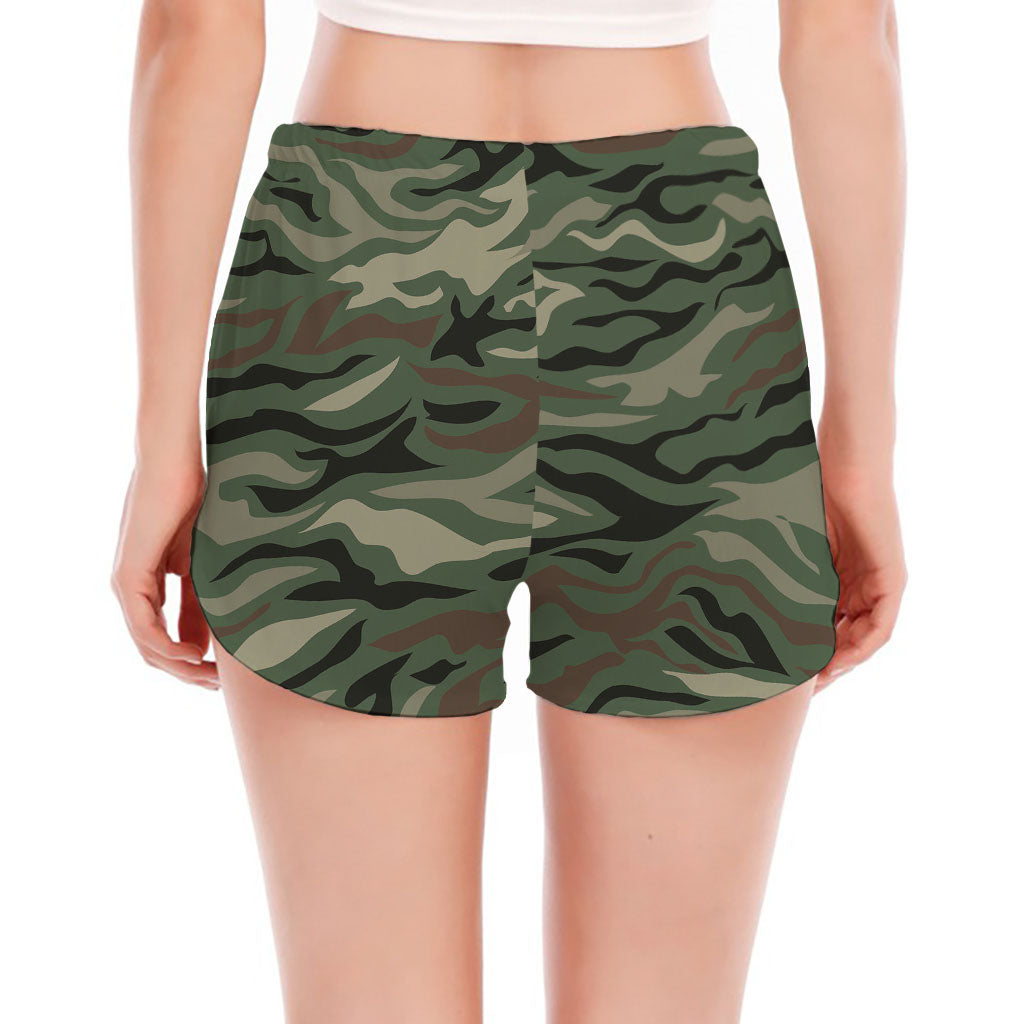 Green Camo Zebra Pattern Print Women's Split Running Shorts