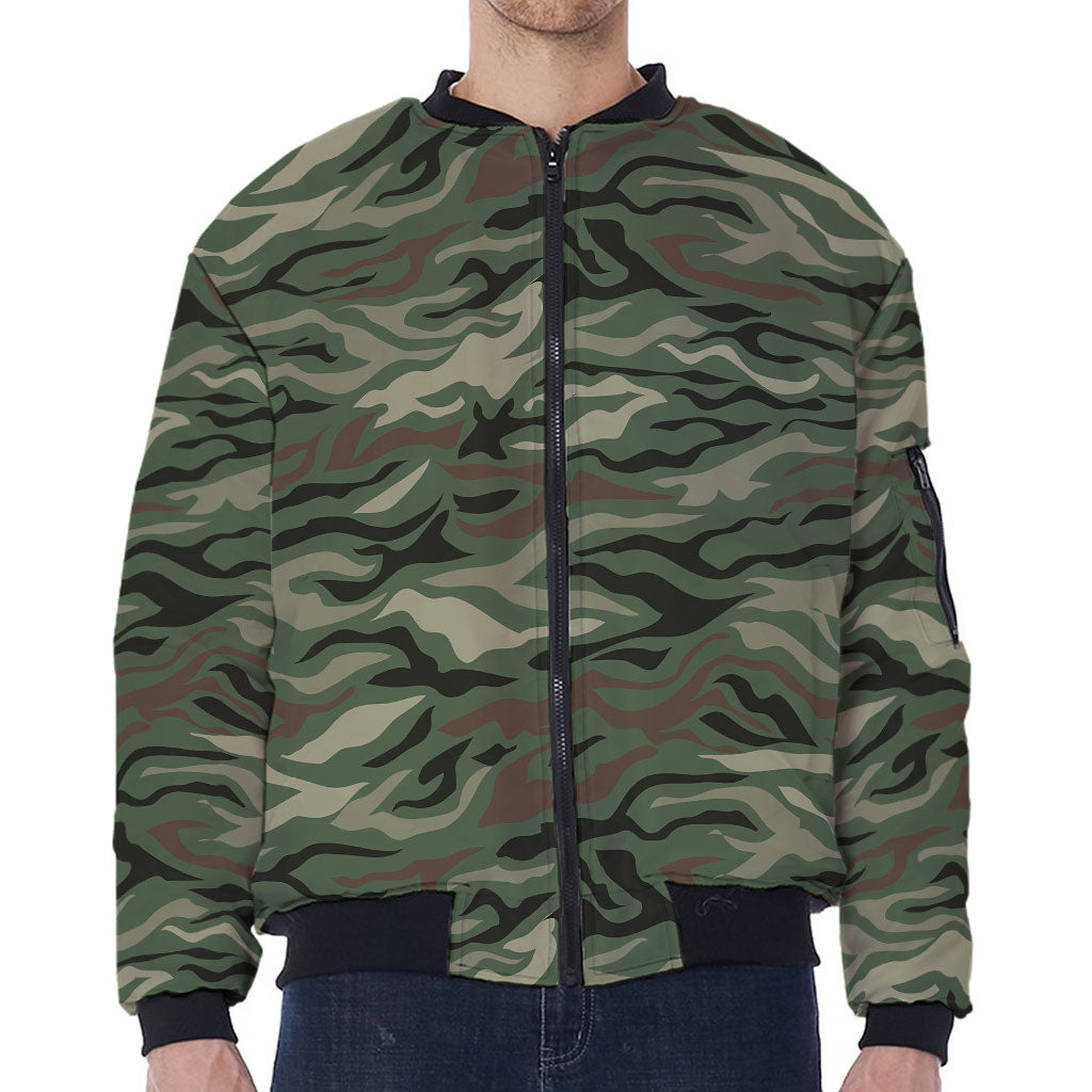 Green Camo Zebra Pattern Print Zip Sleeve Bomber Jacket