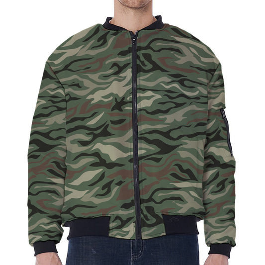 Green Camo Zebra Pattern Print Zip Sleeve Bomber Jacket