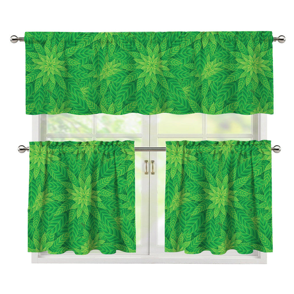 Green Cannabis Leaf Pattern Print 3 Piece Kitchen Curtains