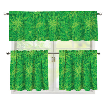 Green Cannabis Leaf Pattern Print 3 Piece Kitchen Curtains