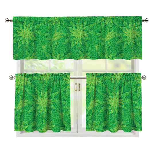 Green Cannabis Leaf Pattern Print 3 Piece Kitchen Curtains