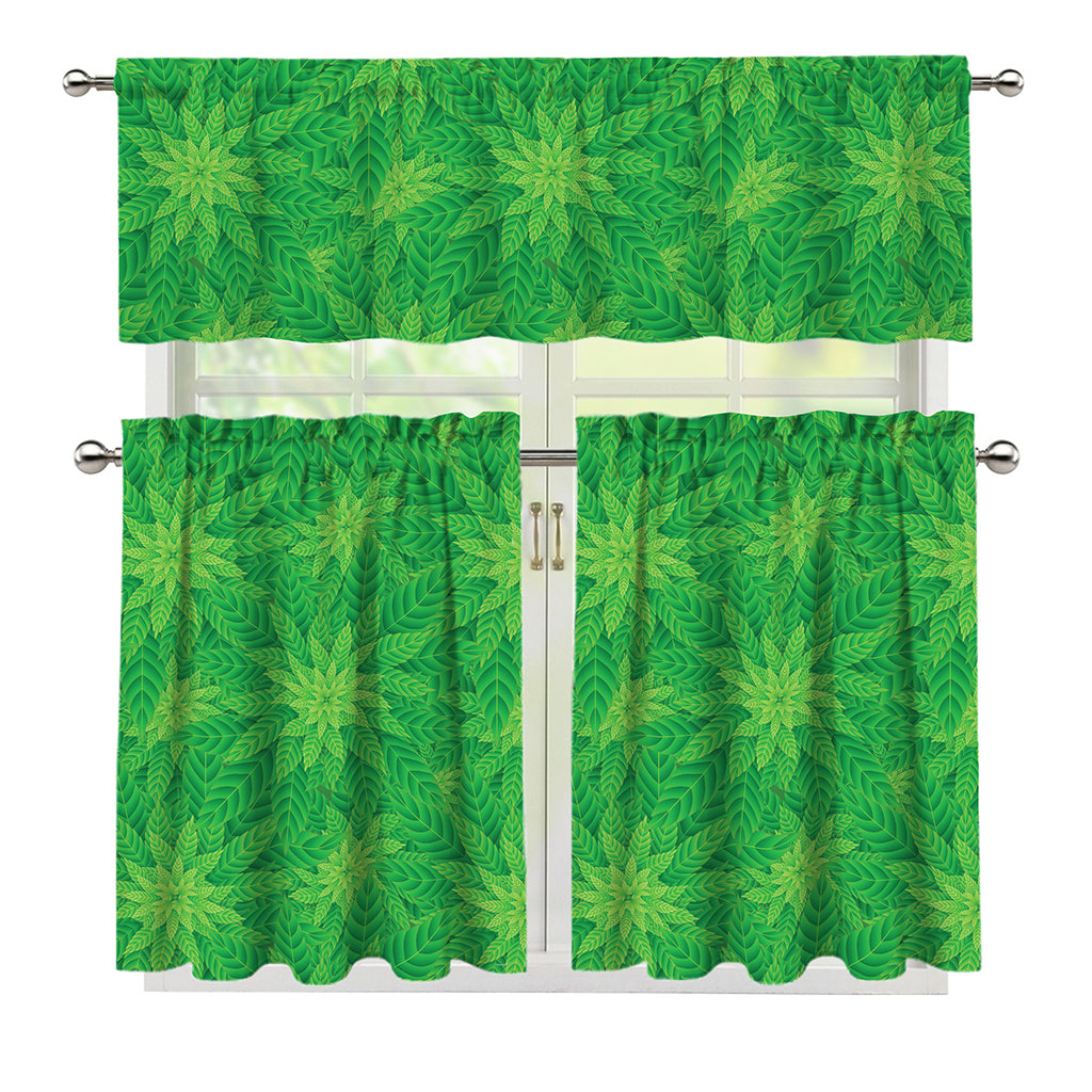 Green Cannabis Leaf Pattern Print 3 Piece Kitchen Curtains
