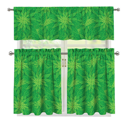 Green Cannabis Leaf Pattern Print 3 Piece Kitchen Curtains