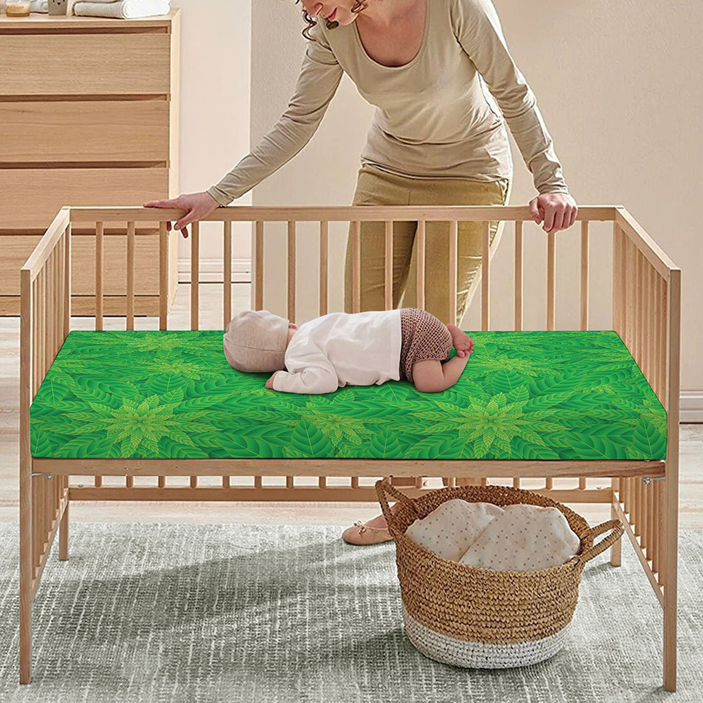 Green Cannabis Leaf Pattern Print Baby Crib Sheet