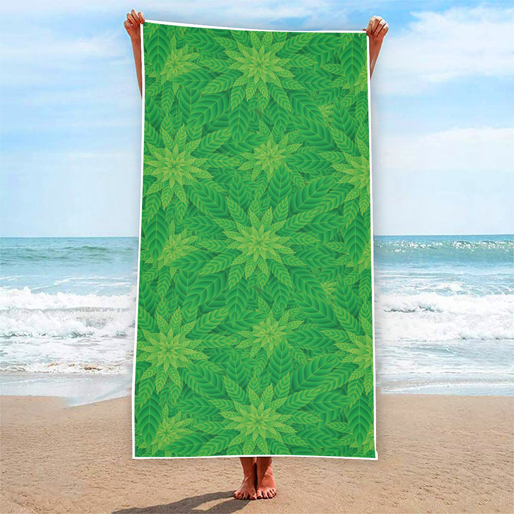 Green Cannabis Leaf Pattern Print Beach Towel