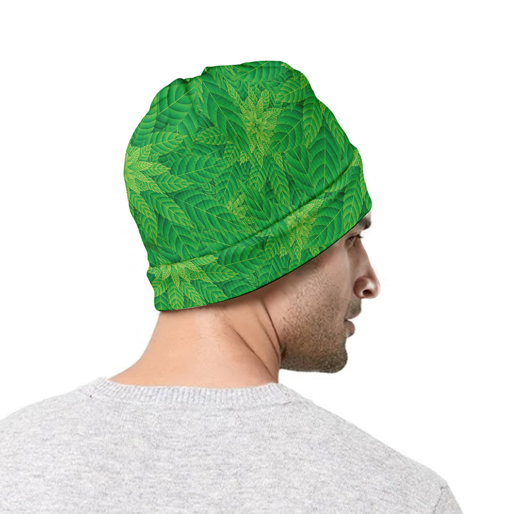 Green Cannabis Leaf Pattern Print Beanie
