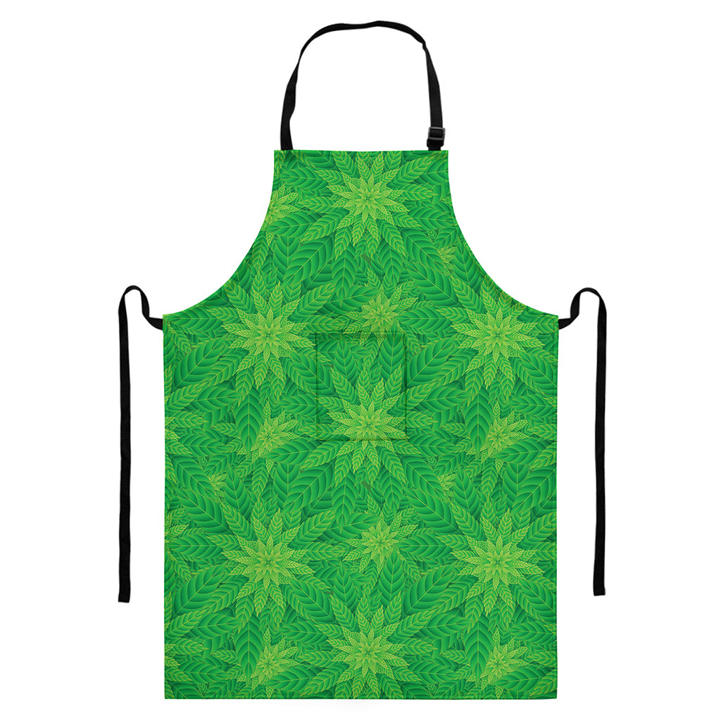 Green Cannabis Leaf Pattern Print Bib Apron With Pocket