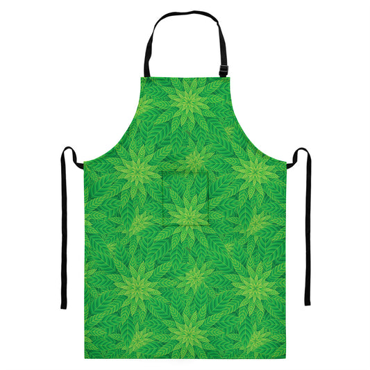 Green Cannabis Leaf Pattern Print Bib Apron With Pocket