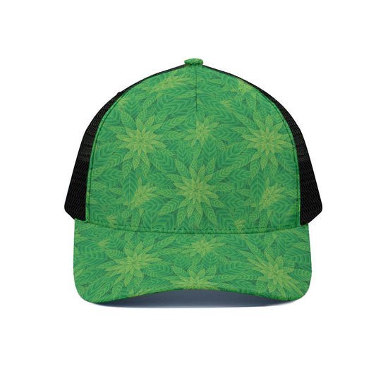 Green Cannabis Leaf Pattern Print Black Mesh Trucker Cap