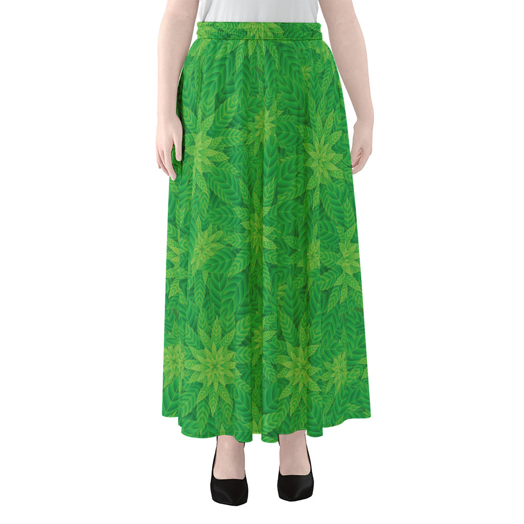 Green Cannabis Leaf Pattern Print Chiffon Maxi Skirt