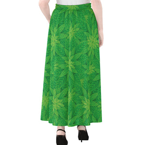 Green Cannabis Leaf Pattern Print Chiffon Maxi Skirt