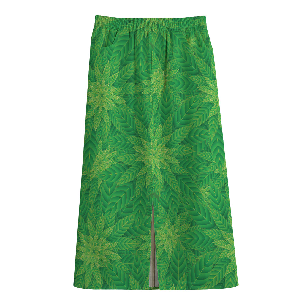 Green Cannabis Leaf Pattern Print Cotton Front Slit Maxi Skirt