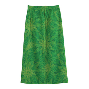 Green Cannabis Leaf Pattern Print Cotton Front Slit Maxi Skirt