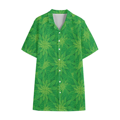 Green Cannabis Leaf Pattern Print Cotton Hawaiian Shirt
