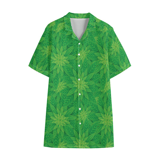 Green Cannabis Leaf Pattern Print Cotton Hawaiian Shirt