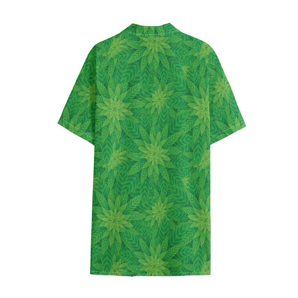 Green Cannabis Leaf Pattern Print Cotton Hawaiian Shirt