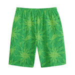 Green Cannabis Leaf Pattern Print Cotton Shorts